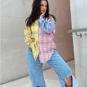 Fashion Nova Well Plaid Patchwork Pastel Button Down Shirt Small